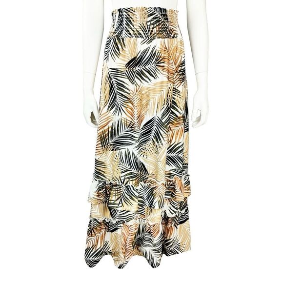 Robert Louis White Brown Tropical Palm Leaf Print Iered Ruffle Maxi Skirt NEW - Picture 1 of 13
